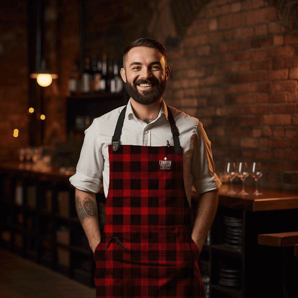 Beardes, smiling cook in a plaid 