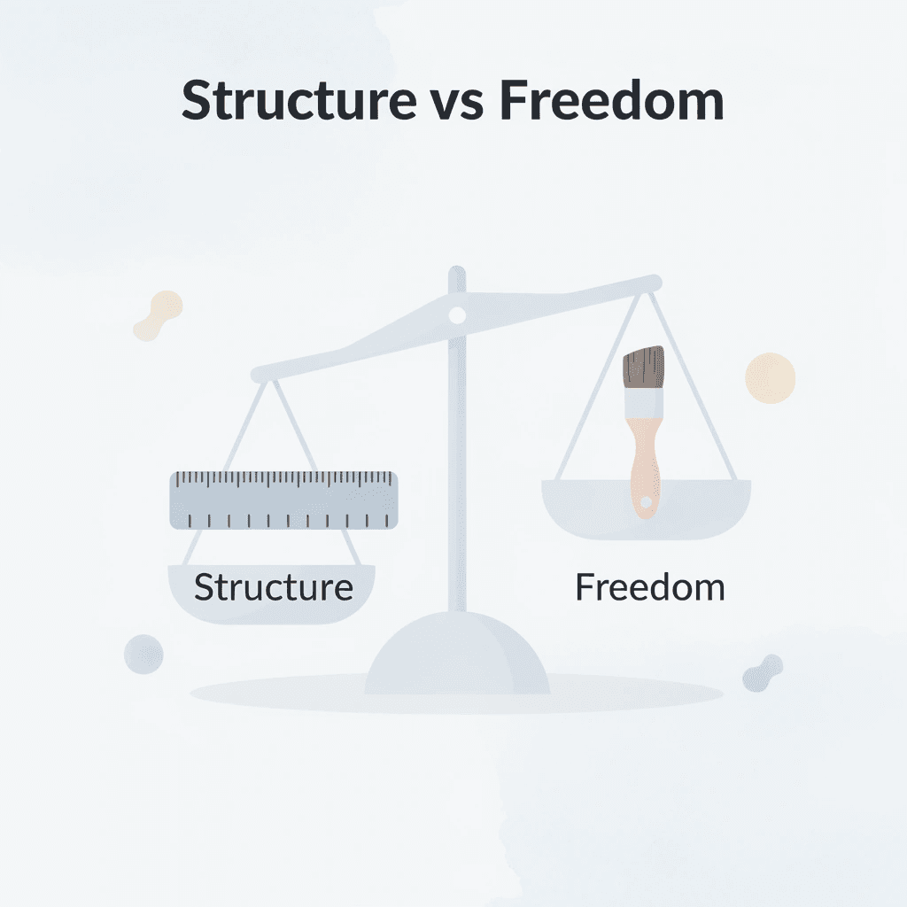 Balance scale comparing structure versus freedom in curriculum choice