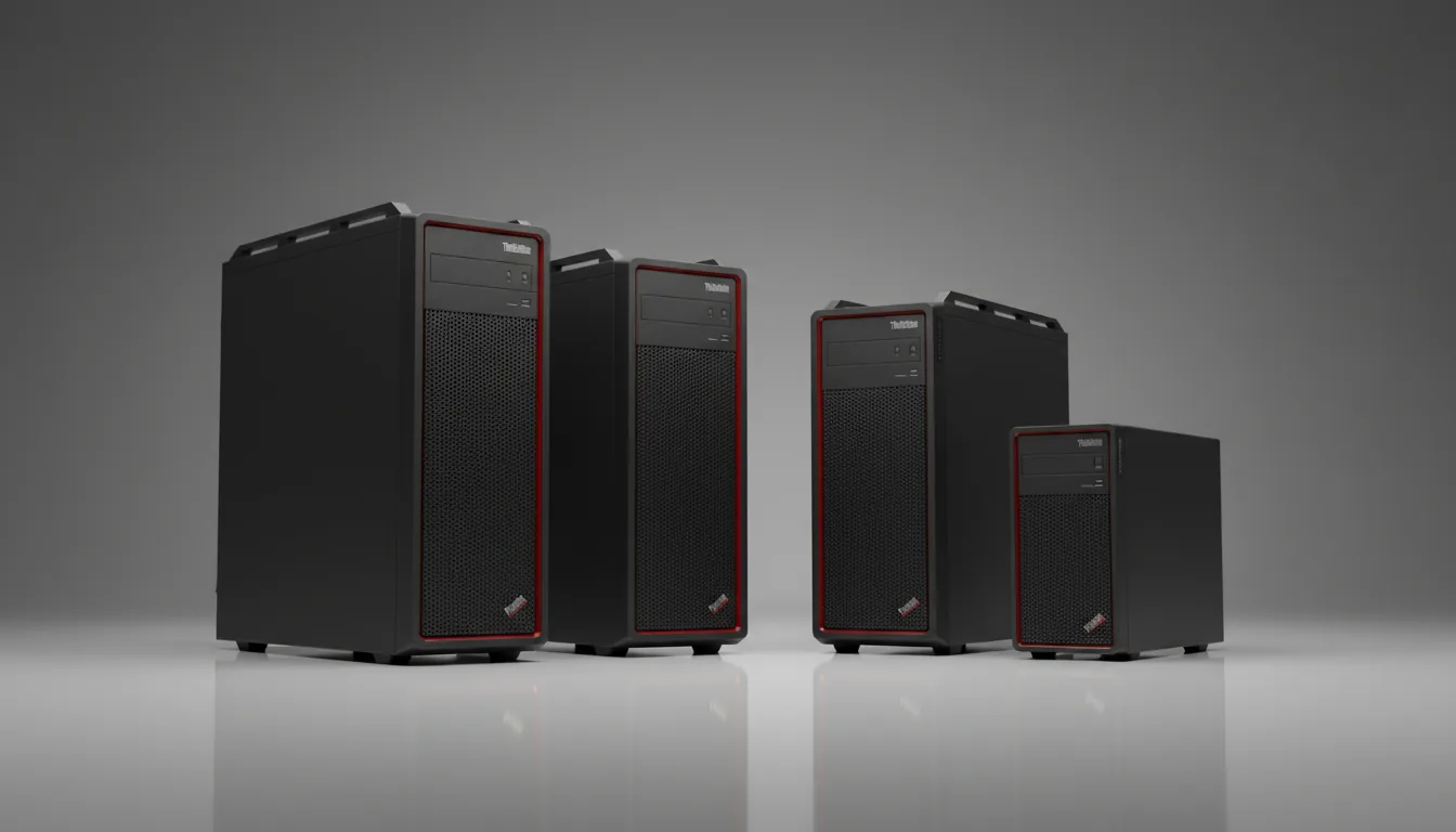 DSLR product photography of a family of Lenovo ThinkStation professional workstations, featuring four different matte black computer towers arranged on a reflective light gray surface. The shot includes two tall towers, a mid-tower, and a small form factor PC, all showcasing a distinctive honeycomb mesh front grille. Soft studio lighting illuminates the scene, creating subtle shadows and highlighting the industrial design, all set against a seamless gray gradient studio backdrop. Every detail is in sharp focus.