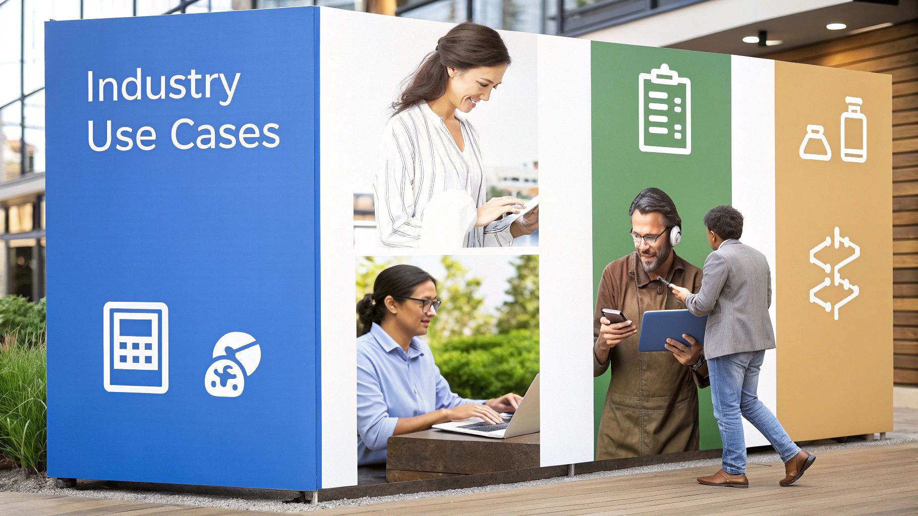 A collage of images representing different industries: a retail store, a hospital, a bank, and a factory.