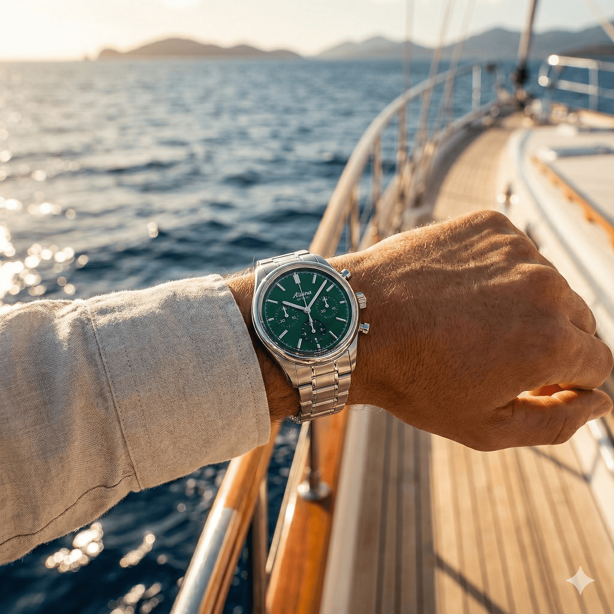 a man wearing the ALTURA watch on a yacht