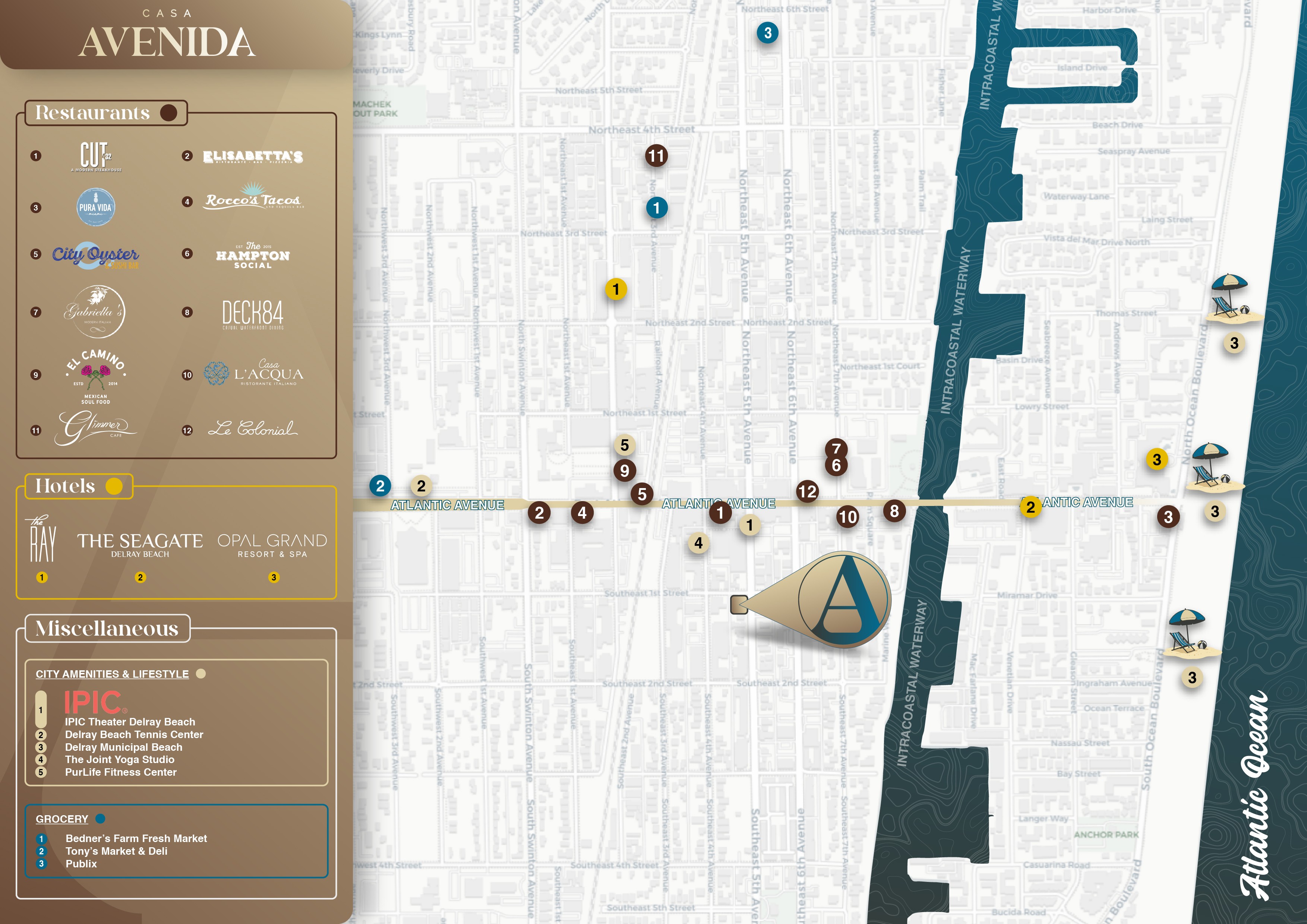 Interactive map interface for “Avenida” showing a neighborhood street grid with multiple location pins, plus a left sidebar listing filters, amenities, and property info.