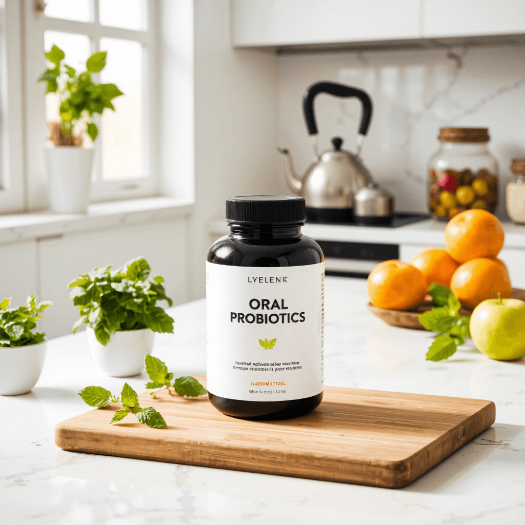 product photography of bottle of oral probiotics