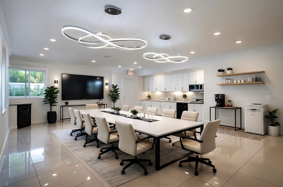 Minimalist hotel lobby with chandeliers, sofas and windows.