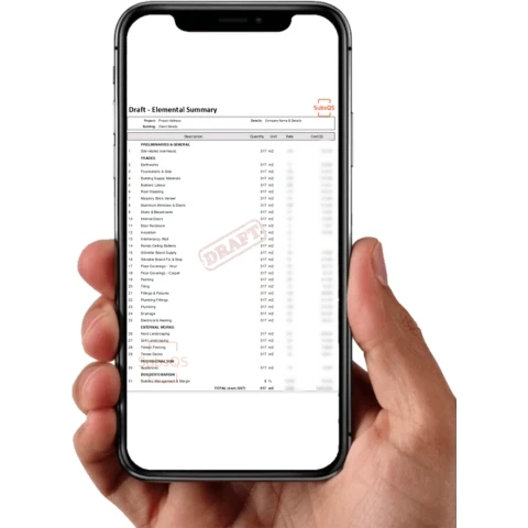 phone being hold with view of draft summary page report estimate by subsqs