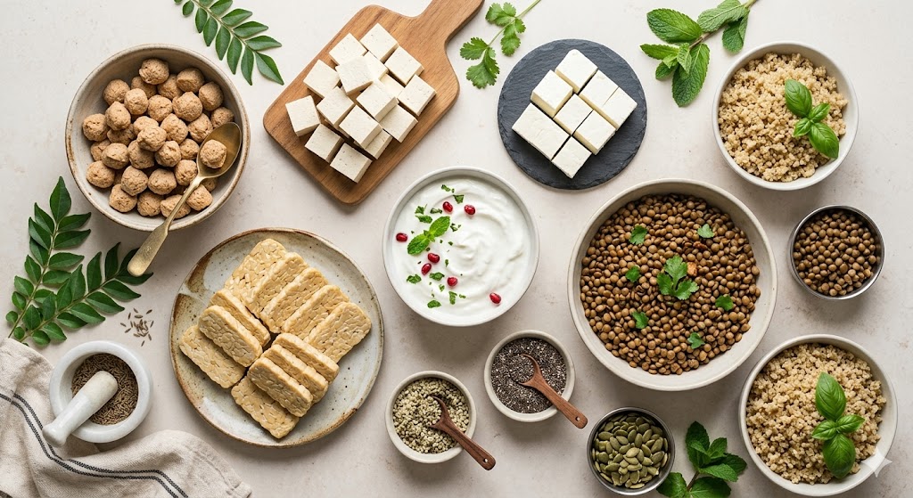 A top-down photograph of various high-protein vegetarian foods on a light counter, including tofu, tempeh, lentils, quinoa, soya chunks, Greek yogurt, pumpkin seeds, and chia seeds, garnished with fresh herbs.