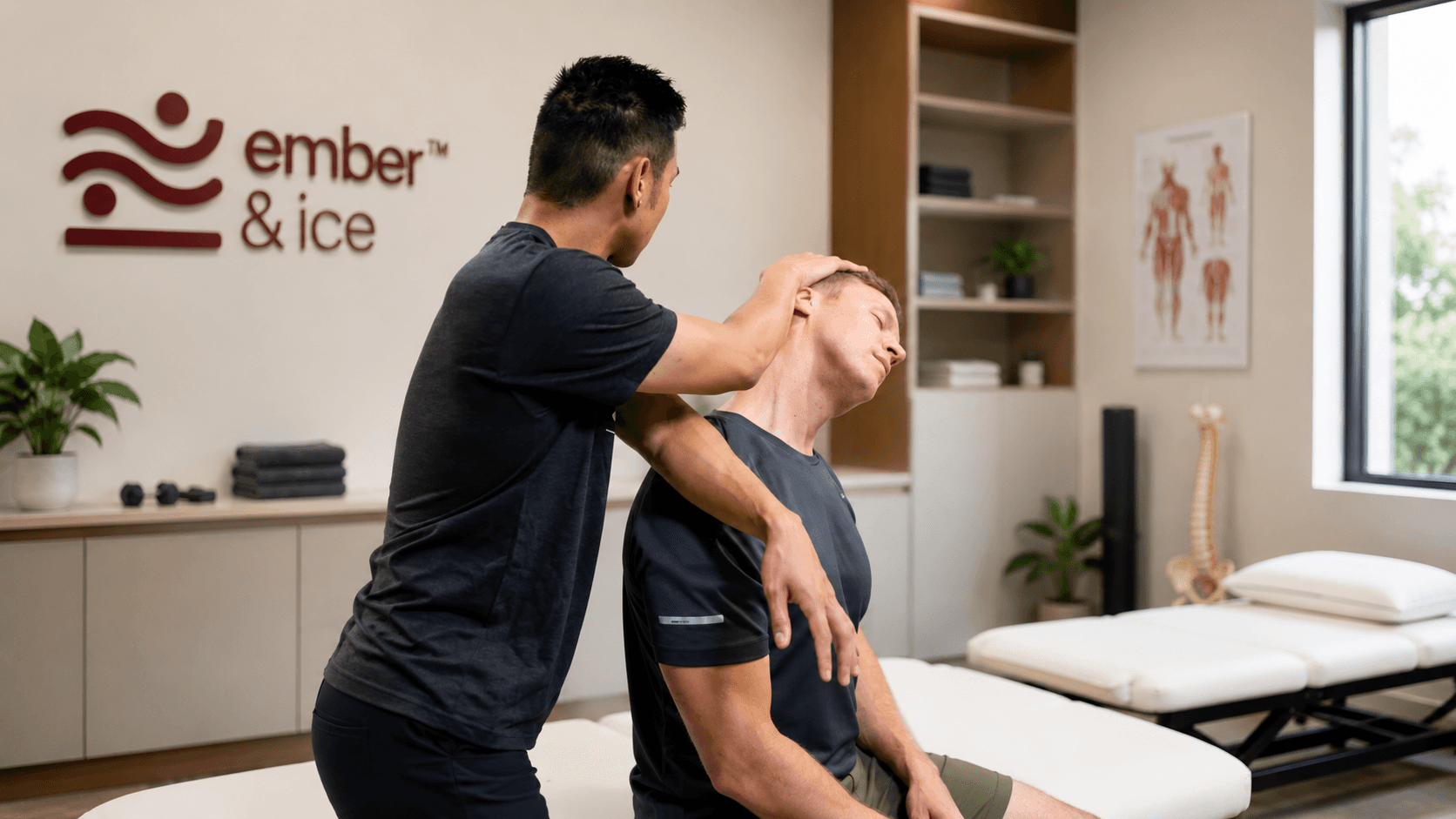 Physiotherapist performing manual therapy on a male client to improve mobility and relieve pain at Ember & Ice Health in Bangalore.