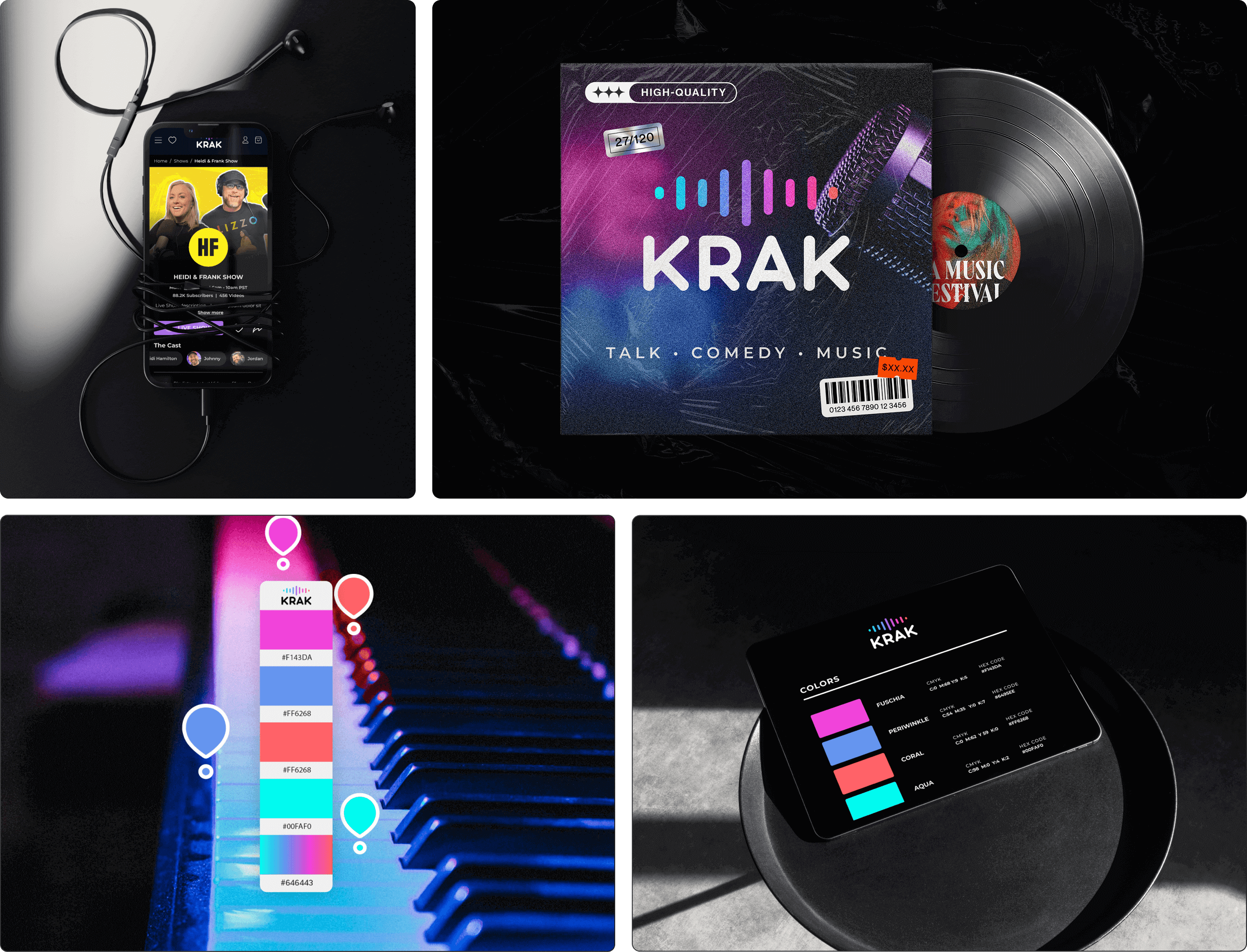 Digital portfolio composite: Top laptop and phone displaying the Krak media platform, and bottom laptop showing the Portia & Scarlett luxurious fashion eCommerce website.