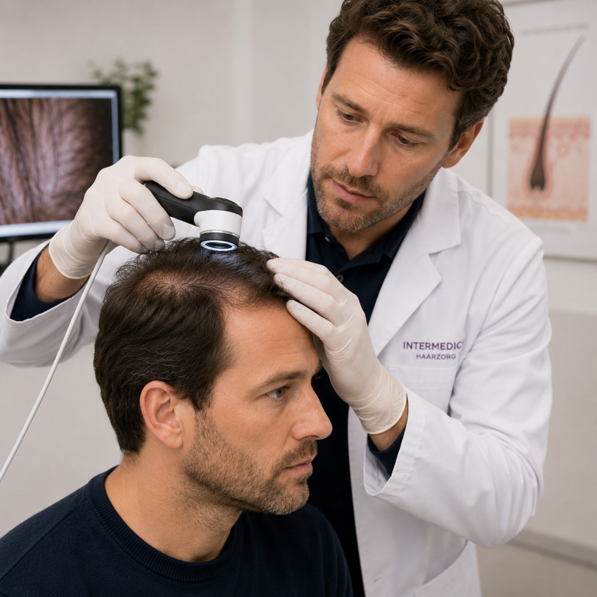 Haardokter onderzoekt haar en hoofdhuid van een patiënt tijdens een specialistisch haarconsult.