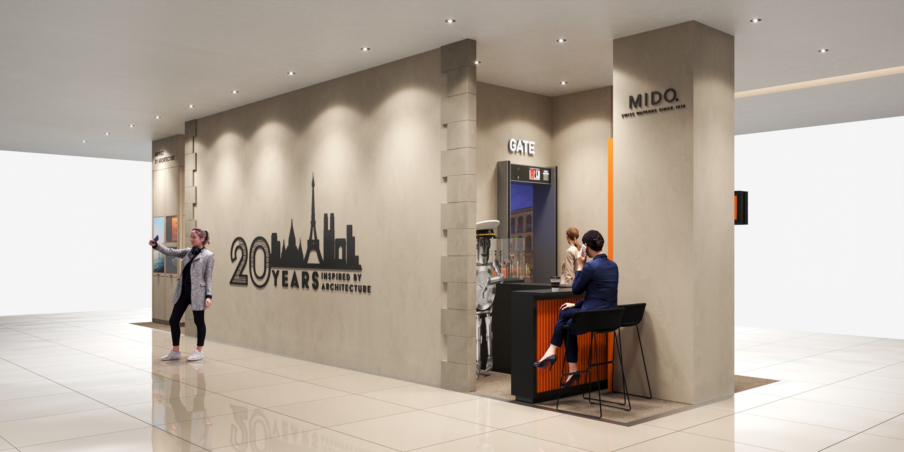 Side view of MIDO watches Pop up design and exhibition retail concept for Switzerland market