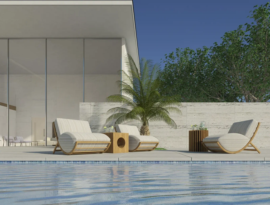 Luxury outdoor living room furniture featuring three armchairs and two tables by the swimming pool.