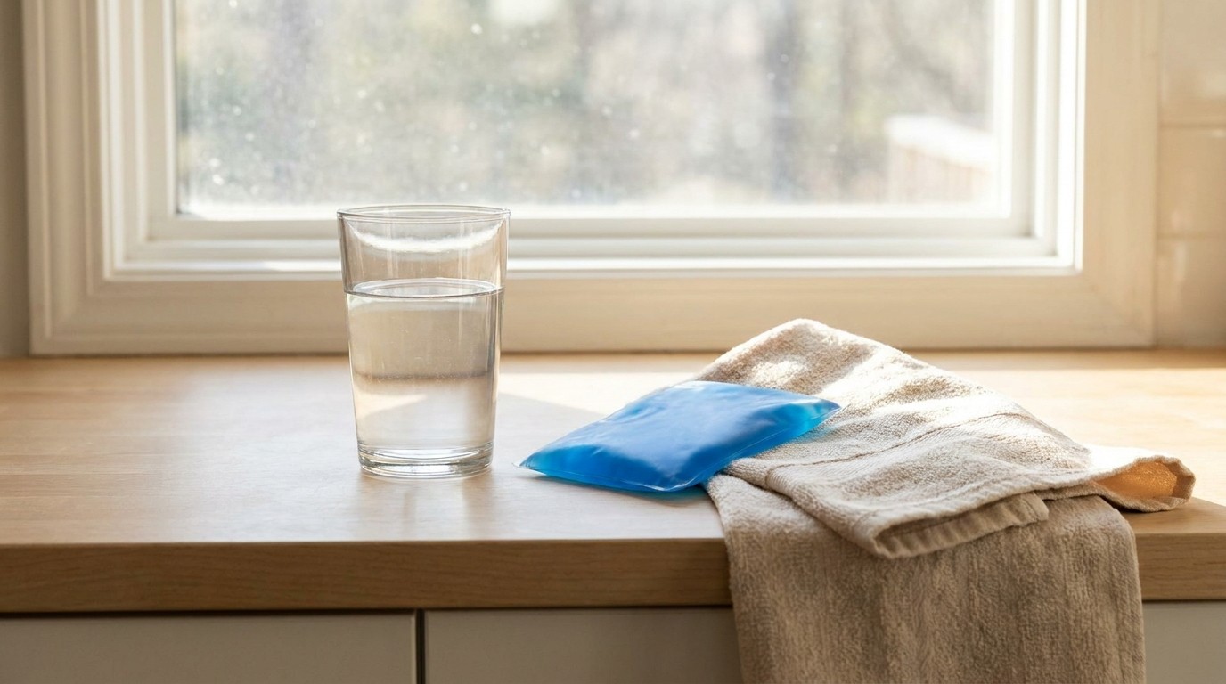 Glass of water and a cold pack on a kitchen counter