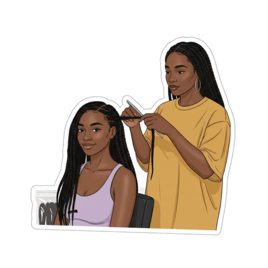 Illustration of a braider styling a client’s hair for braiding bookings on Bukeen