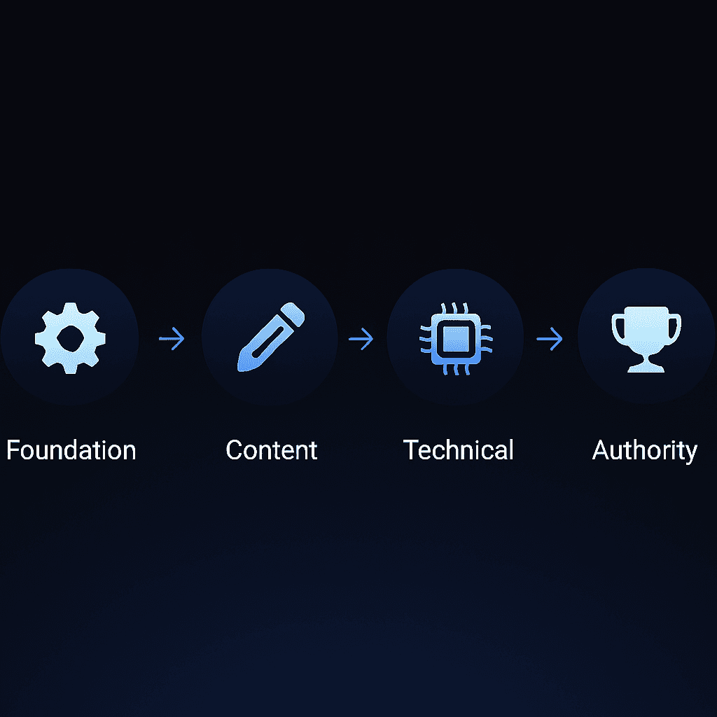 Four-phase visual roadmap depicting 90-day rollout of an AEO program