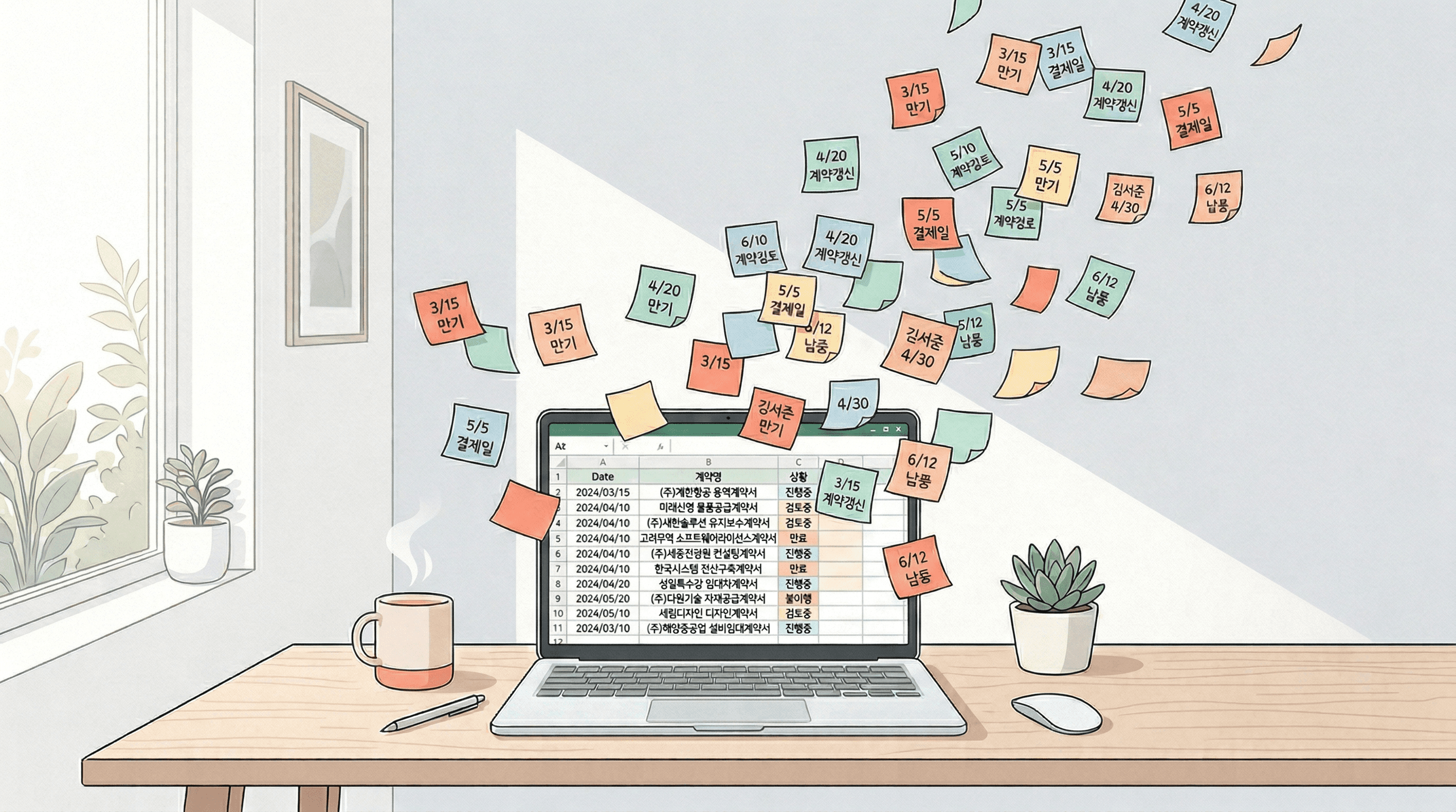 깔끔한 사무 책상 위 노트북 엑셀 화면에서 계약 만기일이 적힌 포스트잇이 공중으로 흩날리는 일러스트레이션