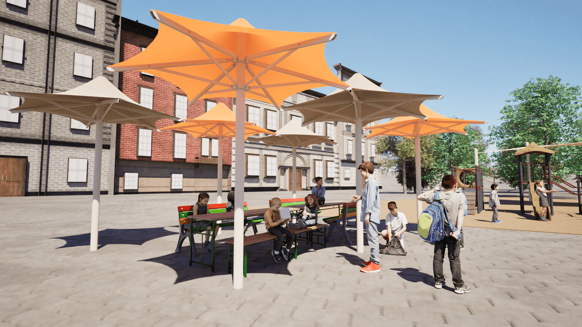 Several people are sitting and standing under large sun umbrellas in a paved square in front of multi-story buildings.