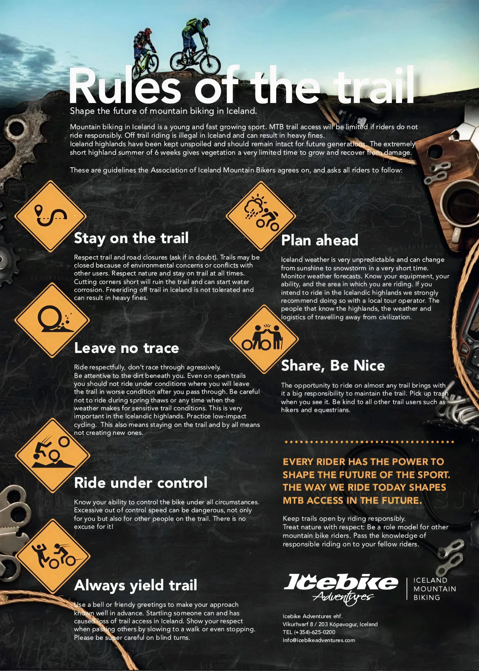 A sign that explains rules of trails and hiking paths in iceland encouraging riders to stay on trail and ride respectfully