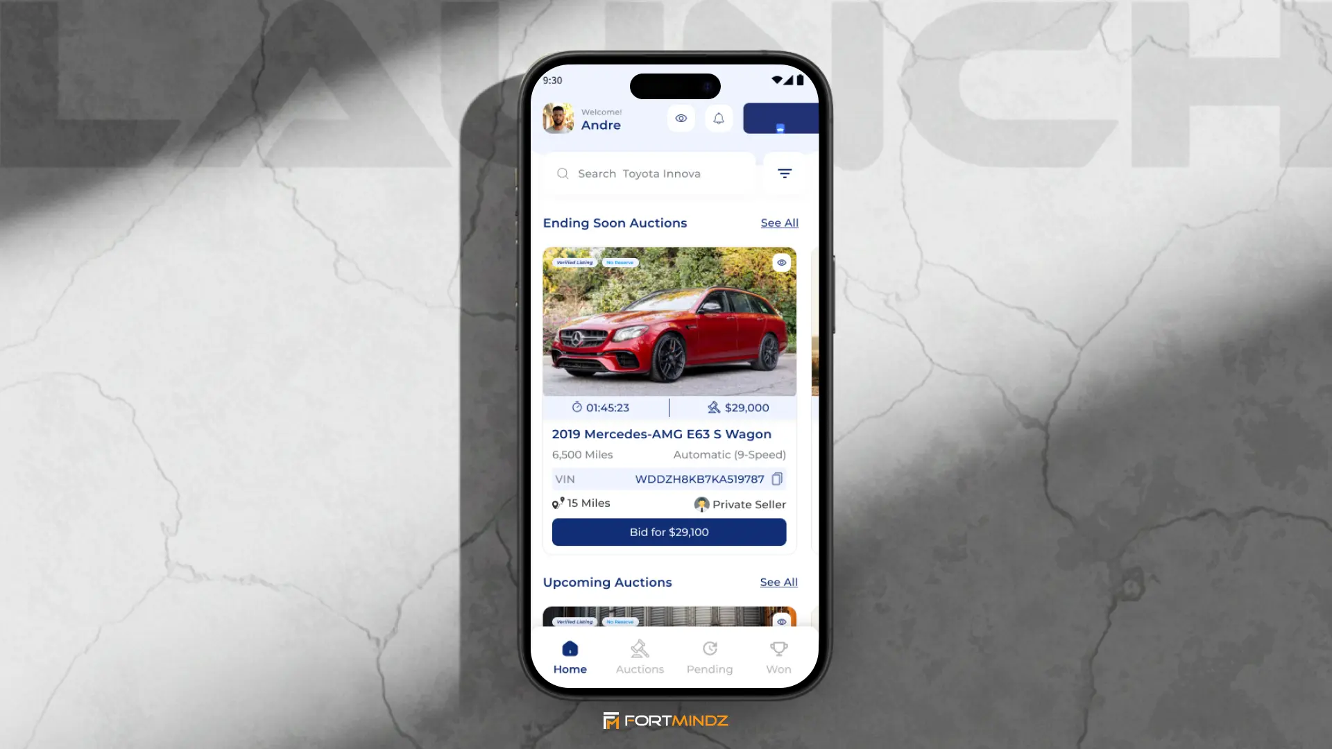 Cover image of Launch, a car auction platform featuring a modern dashboard for bidding on luxury and vintage vehicles.