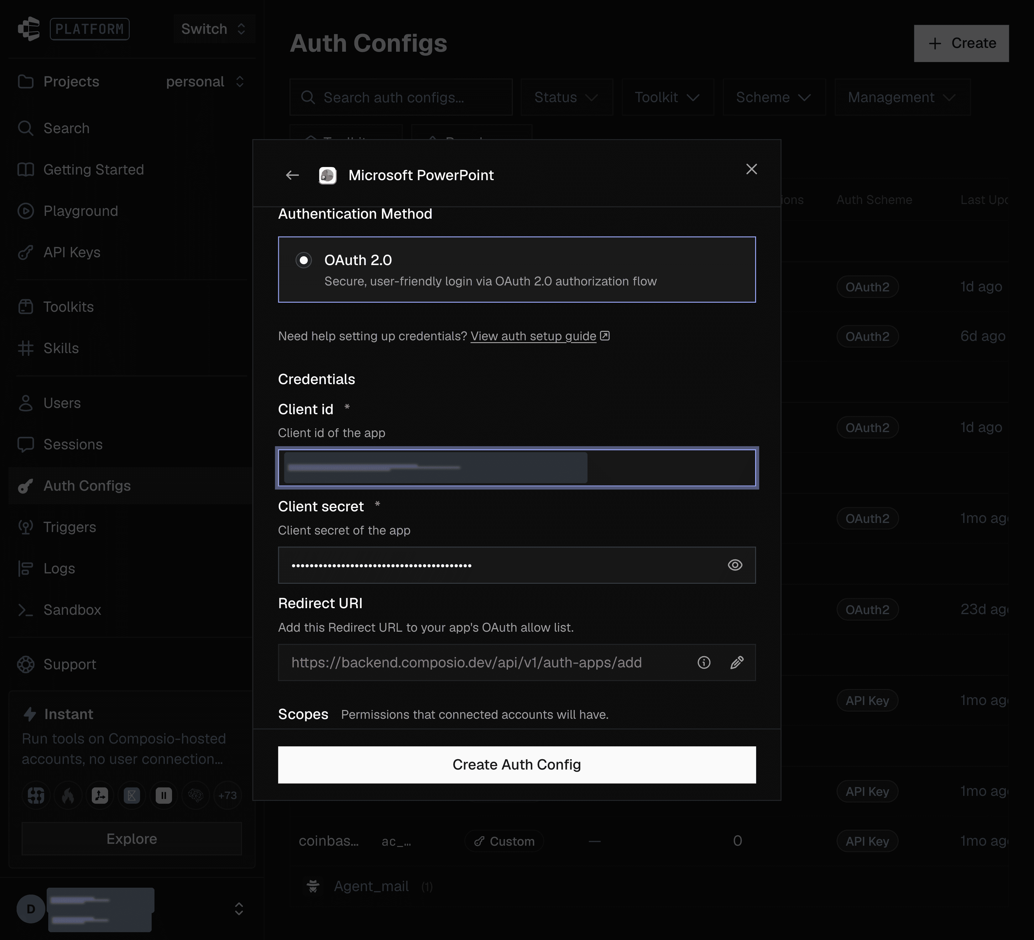 Credentials and scopes entered before creating the auth config