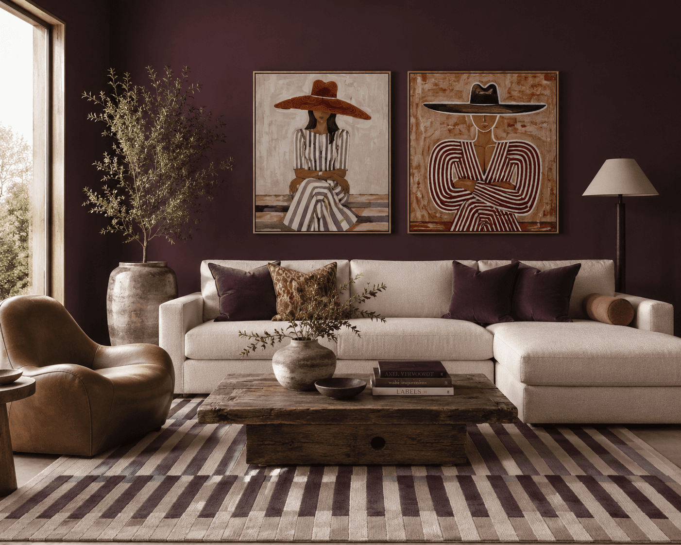 Modern living room with a deep purple velvet sofa, neutral throw pillows, abstract wall art, wooden coffee table with decorative vases, floor lamp, and natural light from large windows with sheer curtains. Contemporary home interior design inspiration