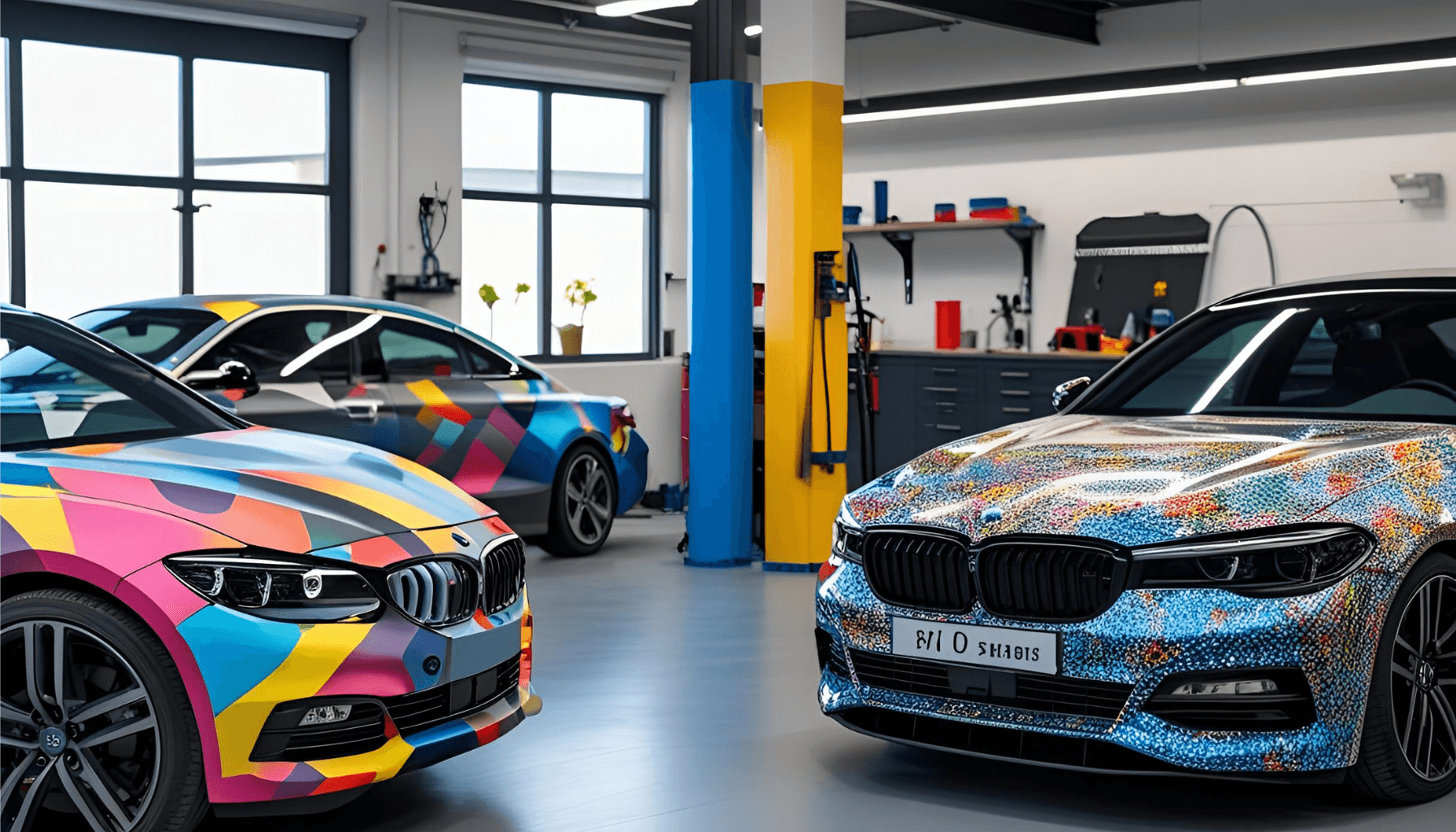 Bunte BMWs mit kreativen Folierungen in moderner Werkstatt.