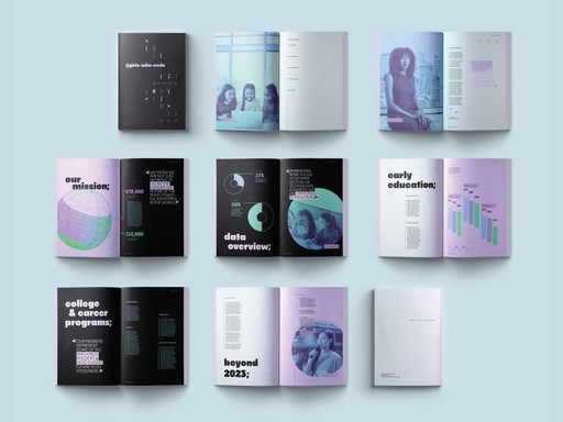 All of the spreads of the annual report. Consisting of a black, light purple, light blue, and off-white color scheme.