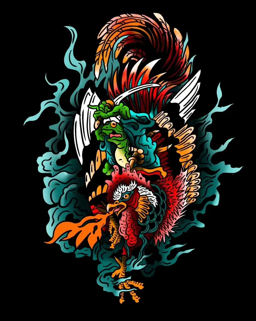 Japanese Ronin Frog riding a rooster irezumi illustration