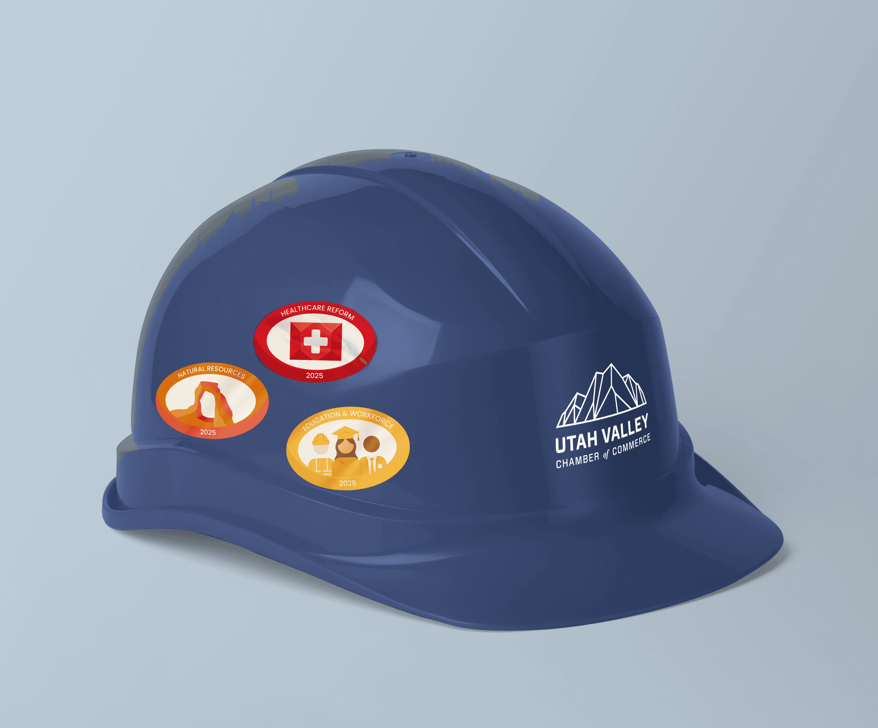 UV Chamber of Commerce hard hat with value initative stickers