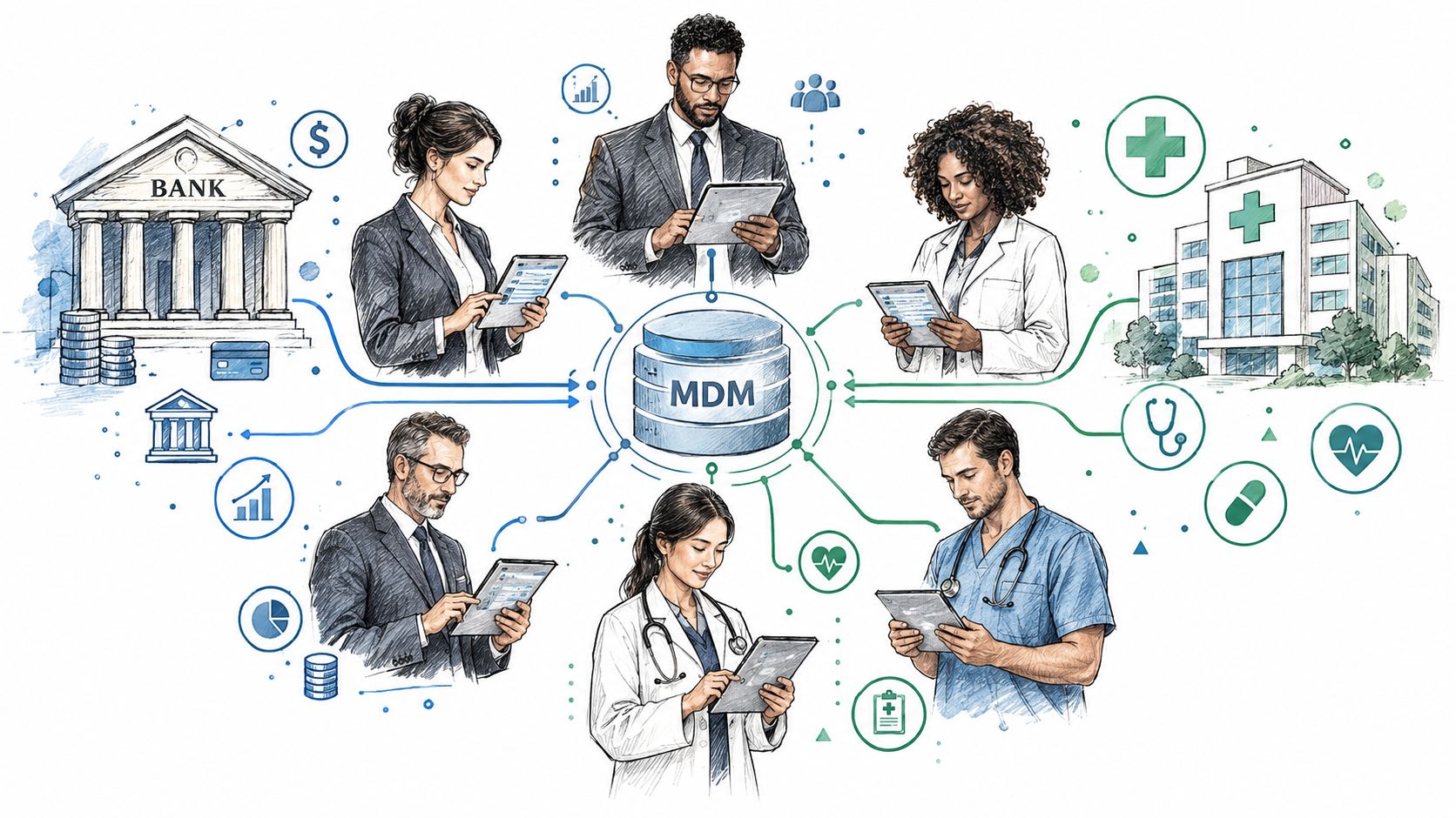 A diagram illustrating Master Data Management (MDM) connecting banking professionals and medical staff through data tablets.