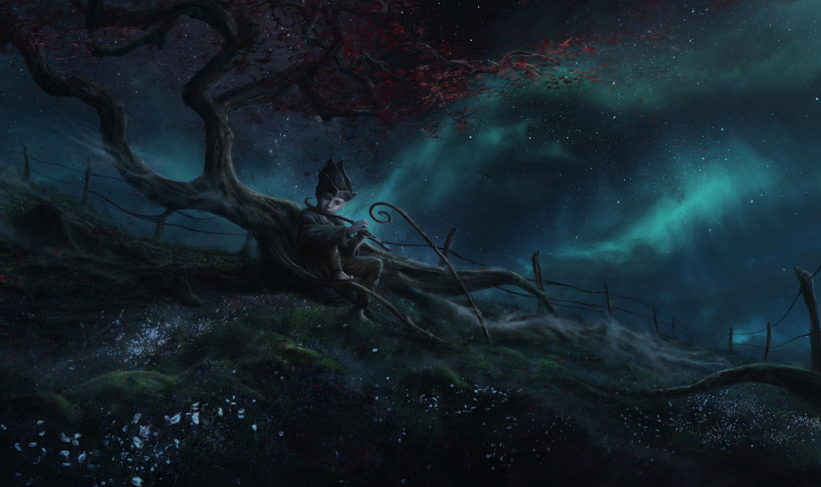 The Cloud Shepherd  — Illustration of a young shepherd playing his flute sitting by a tree with the aurora borealis in the background, by Simone De Salvatore