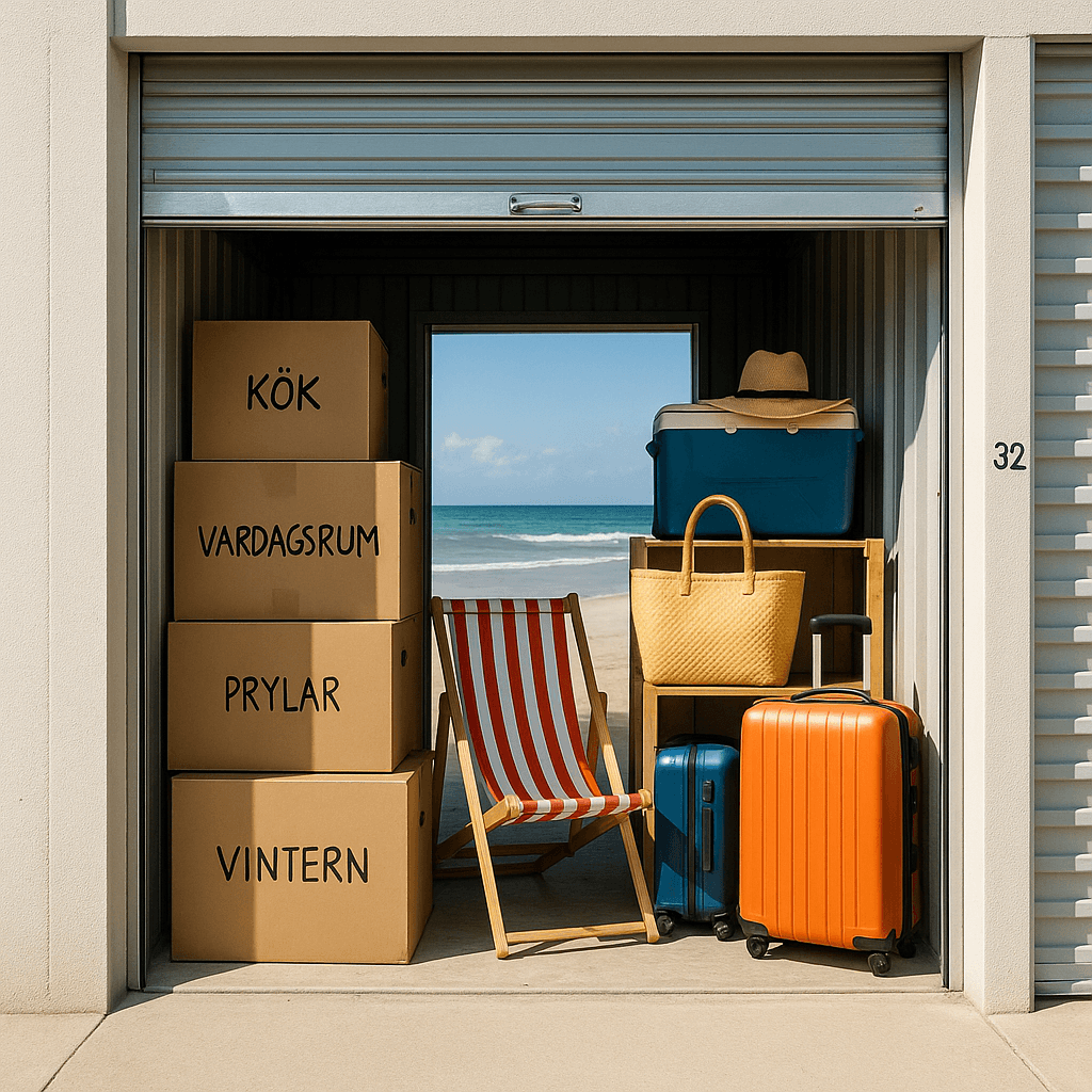 Organiserad self storage-enhet med märkta lådor och semesterprylar, där den öppna dörren ger vy mot en solig strand och blått hav i bakgrunden.