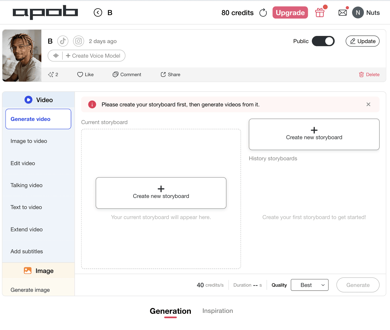 APOB AI video generation and active storyboard setup interface. The workspace displays a system alert box prompting creators to initialize their layout framing alongside clickable + Create new storyboard canvas targets.