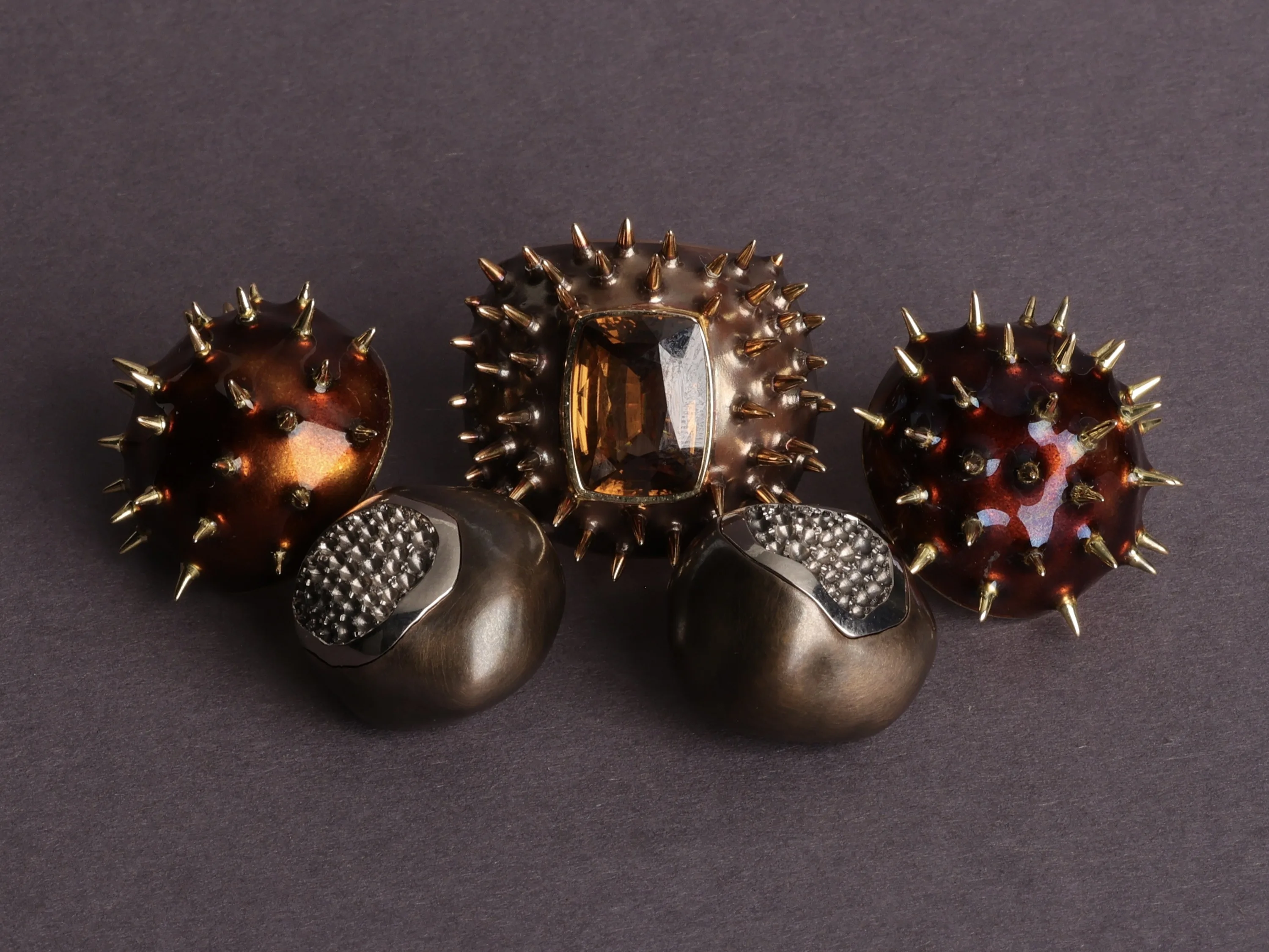 Collection of 5 jewellry pieces, earrings and rings, inspired by chestnuts.