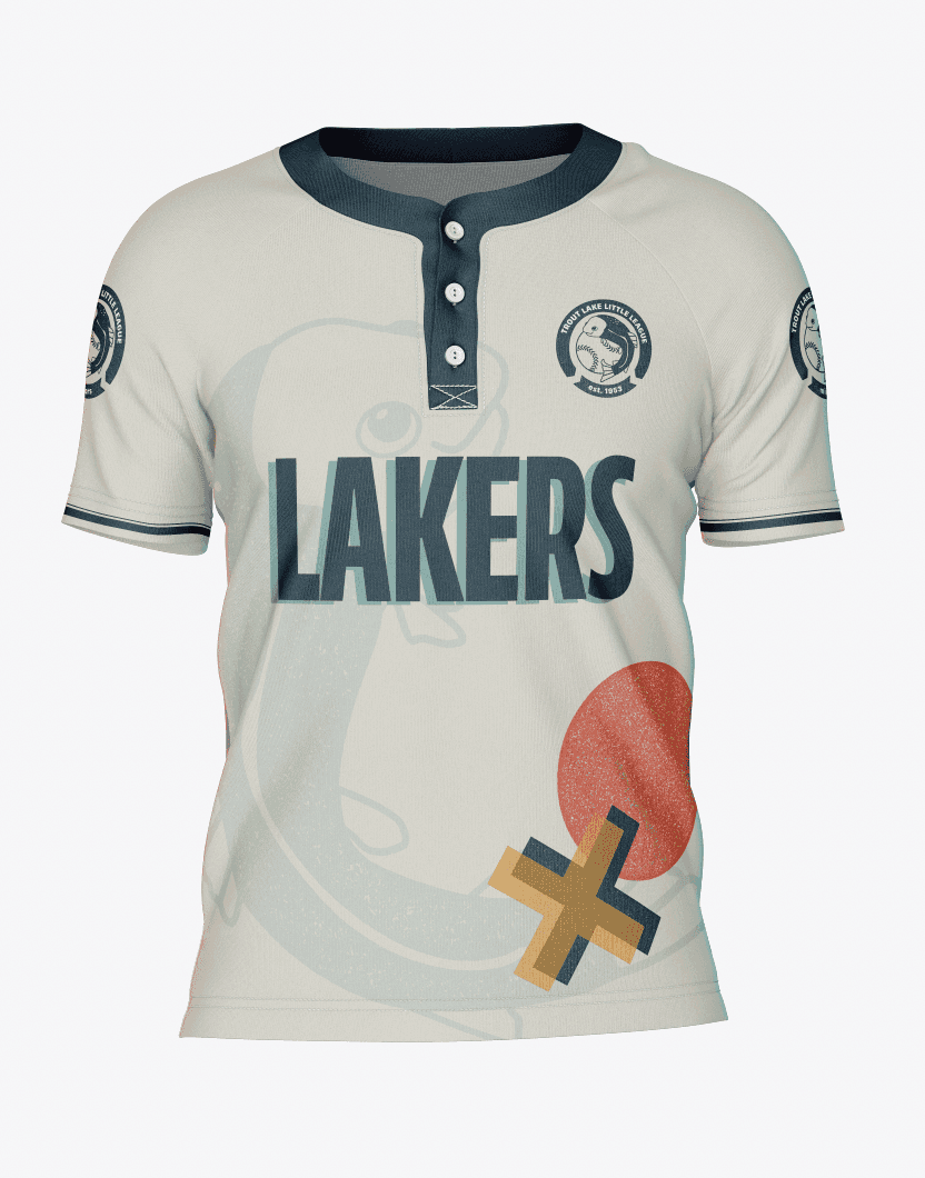 A cream jersey with a dark turquoise neckline and “Lakers” in all caps. The jersey features a trout with an orange and red graphic.