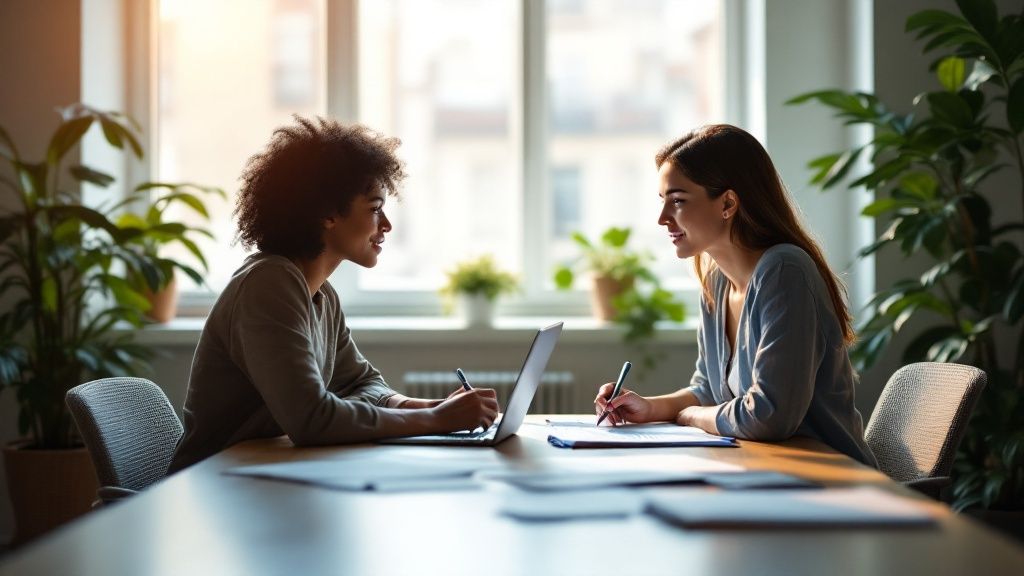 Two women engaged in a discussion at a modern office table with a laptop and documents, surrounded by indoor plants and natural light from large windows