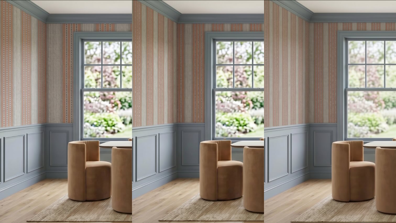 Three side-by-side views of the same panelled dining corner, each showing a terracotta and blue striped wallpaper at a different scale, from narrow stripes to broad ones.