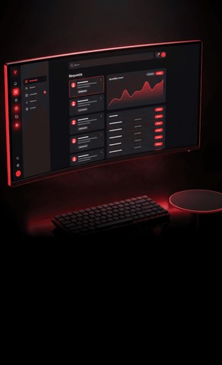 A sleek computer monitor displaying data analytics with a dark background and red accents.