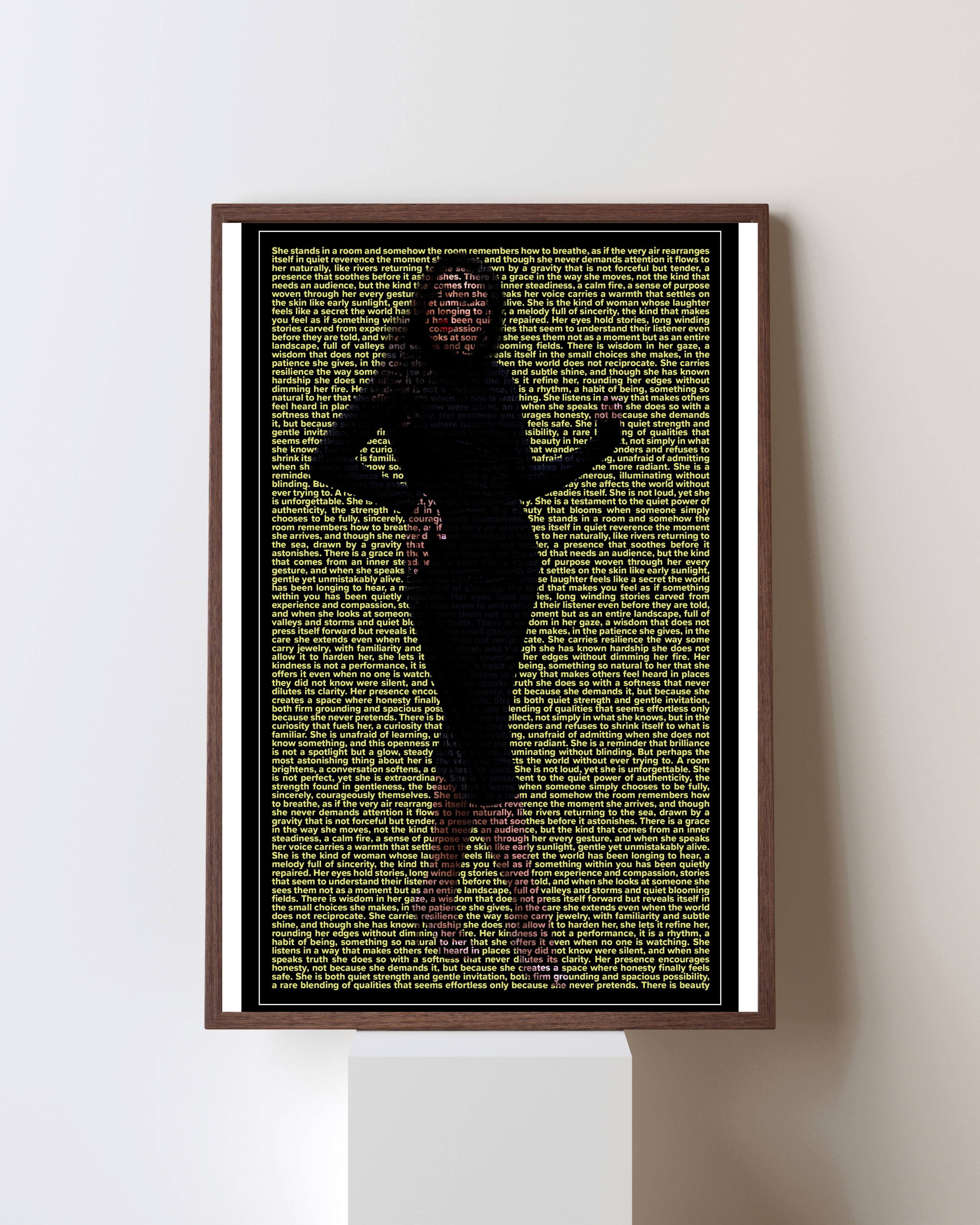 Luxury custom text portrait of a woman in a black dress, created with elegant gold typography. Emotional fine-art print by U-Go Experience capturing beauty, confidence, and timeless feminine presence.