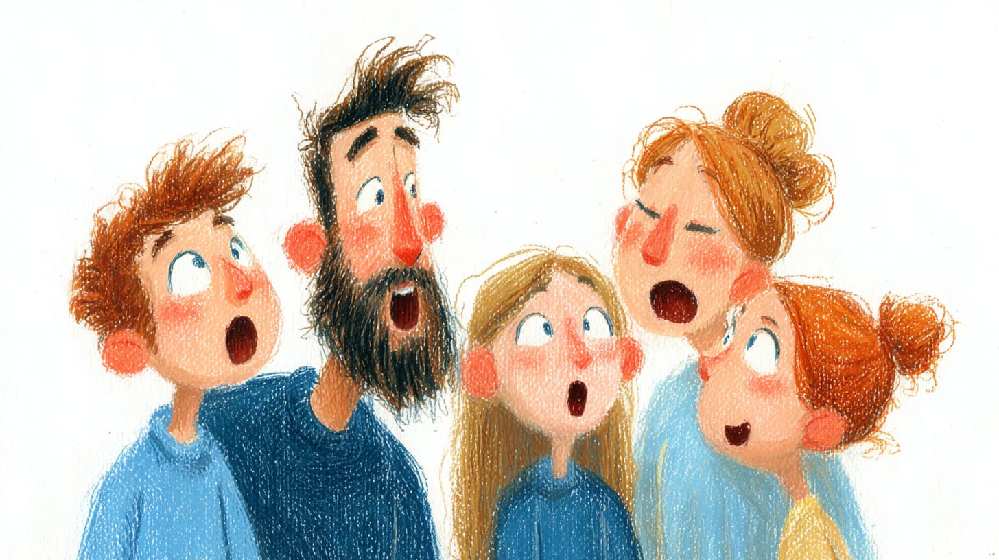 Illustration einer Familie beim gemeinsamen Singen – Eltern und Kinder im Kreis, offene Münder, strahlende Gesichter voller Freude.