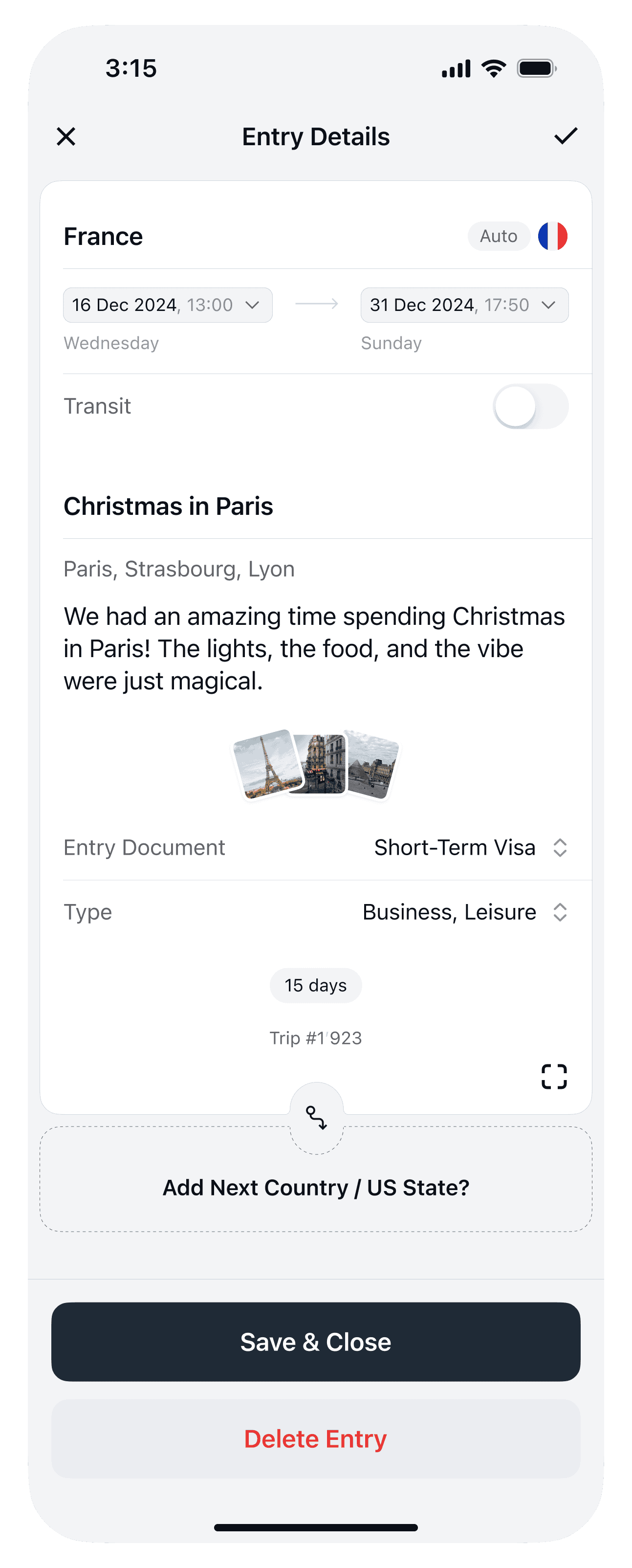 Mobile UI for editing trip details in international travel log app. Entry for France with cities like Paris Strasbourg and Lyon. Includes visa type trip purpose photo attachments and metadata verification. UX tailored for global citizens digital nomads and international lifestyle users.