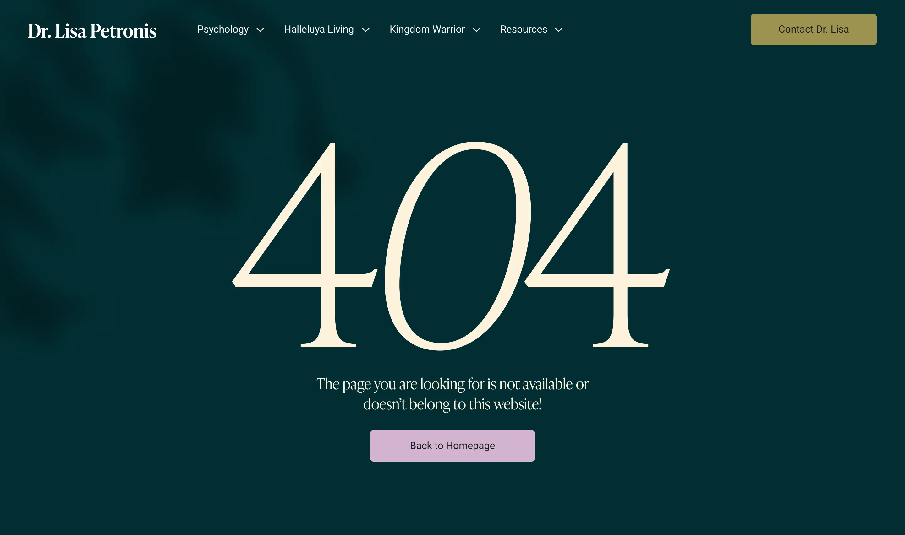 404 error page with a dark background and large "404" text, indicating the page cannot be found.