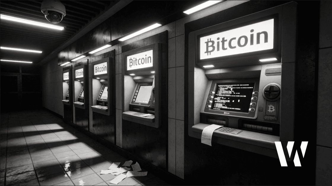Bitcoin ATM kiosk in dark empty retail store with security breach warning.