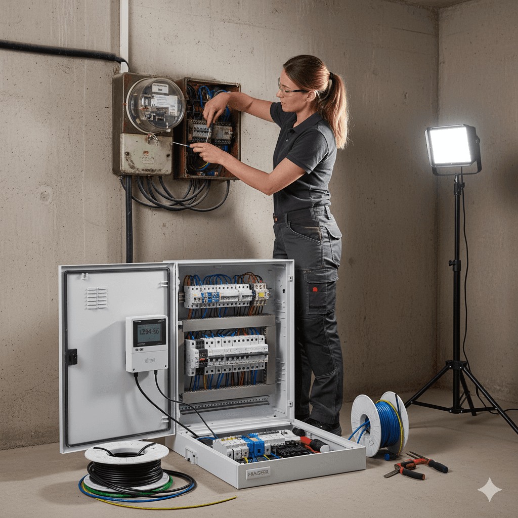 Professionelle Elektrikerin bei der Installation eines Schaltschranks und der Hausverkabelung in einem Technikraum.