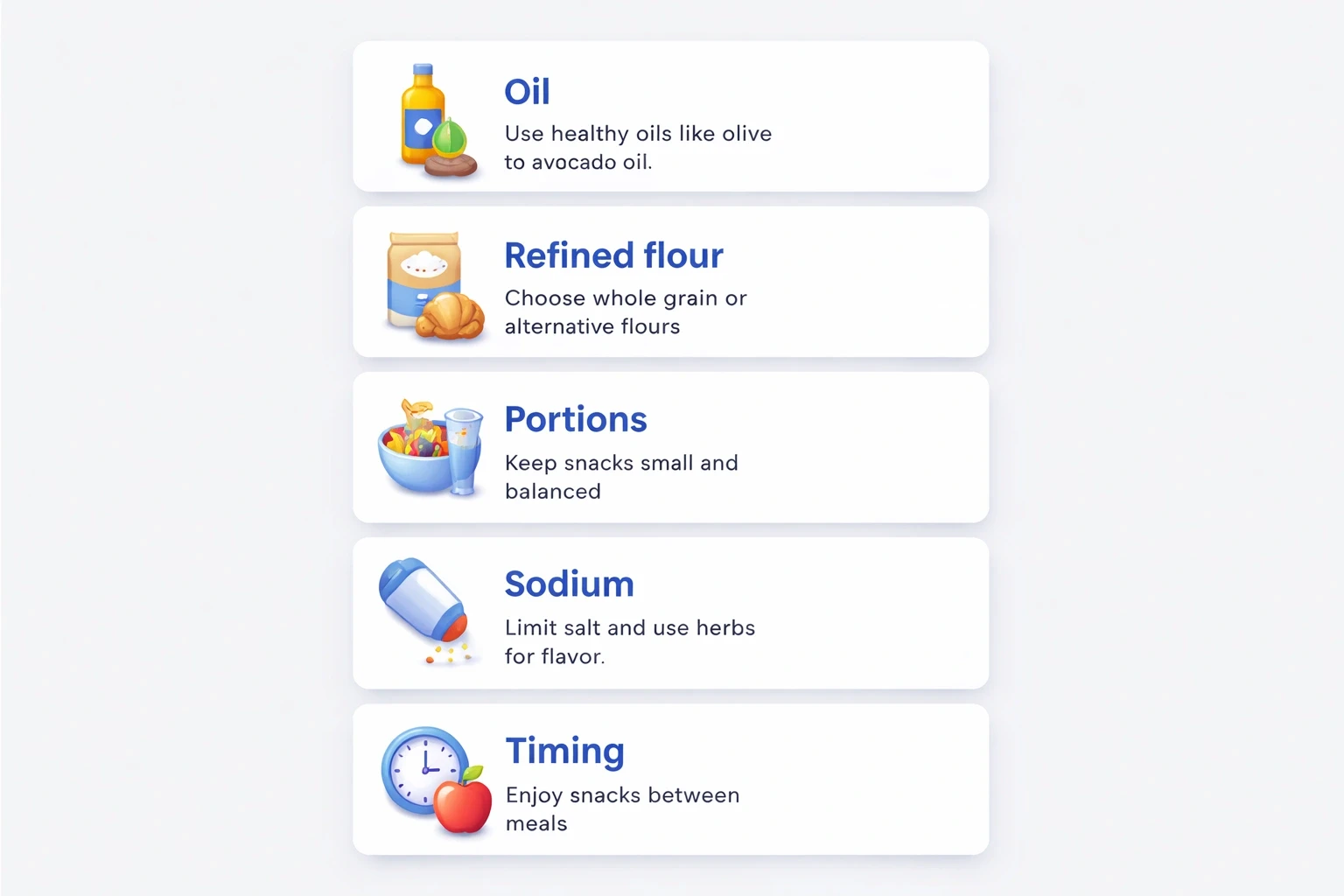 Modern card layout summarizing common hot snack pitfalls and healthy tips, using site colors and modern flat design.