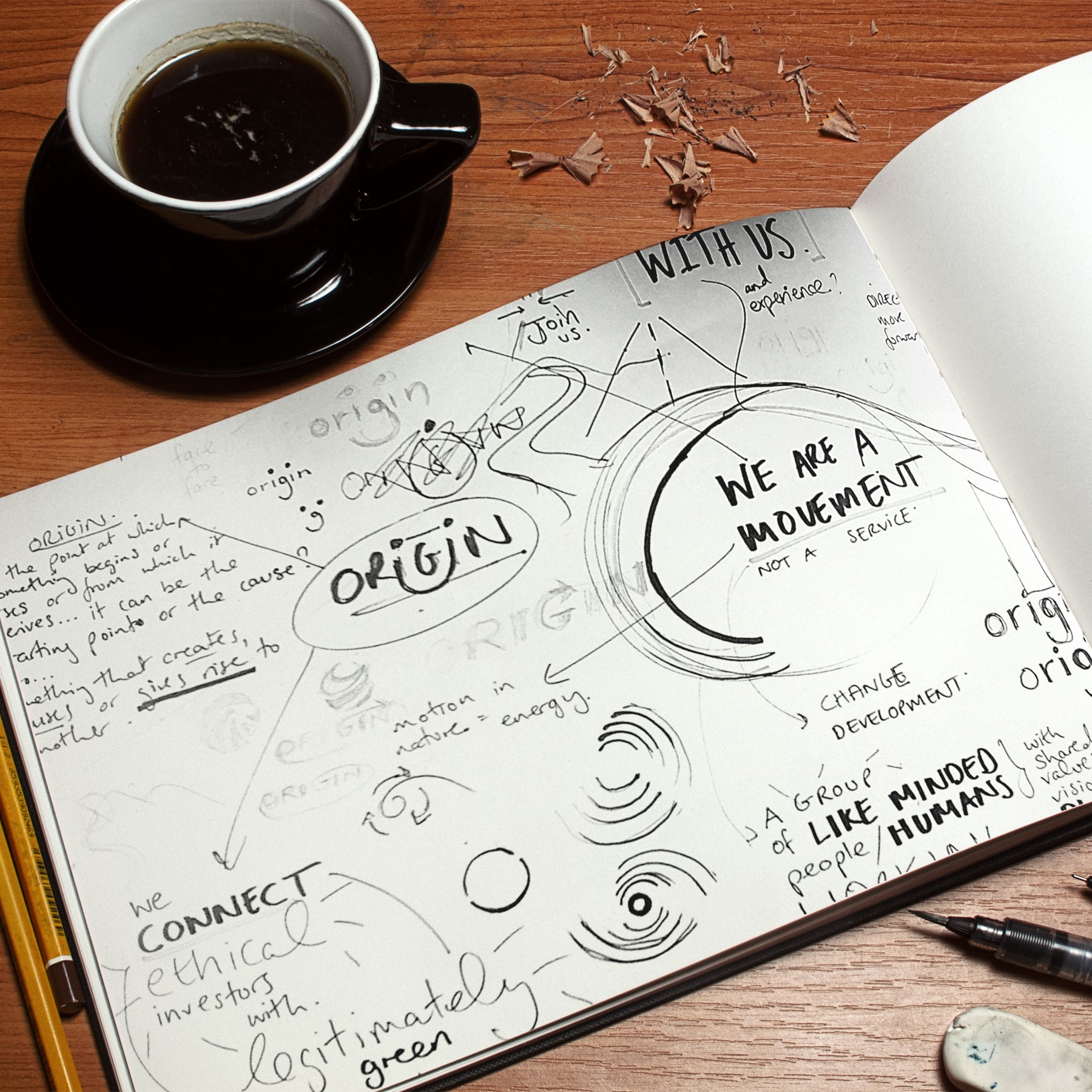 Notebook page with sketched logo ideas.