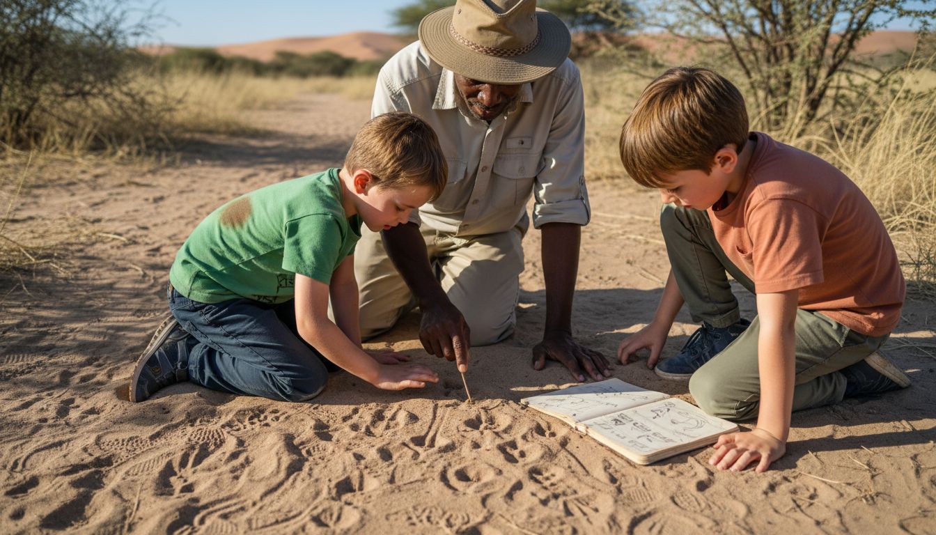 Children tracking animal prints with guide