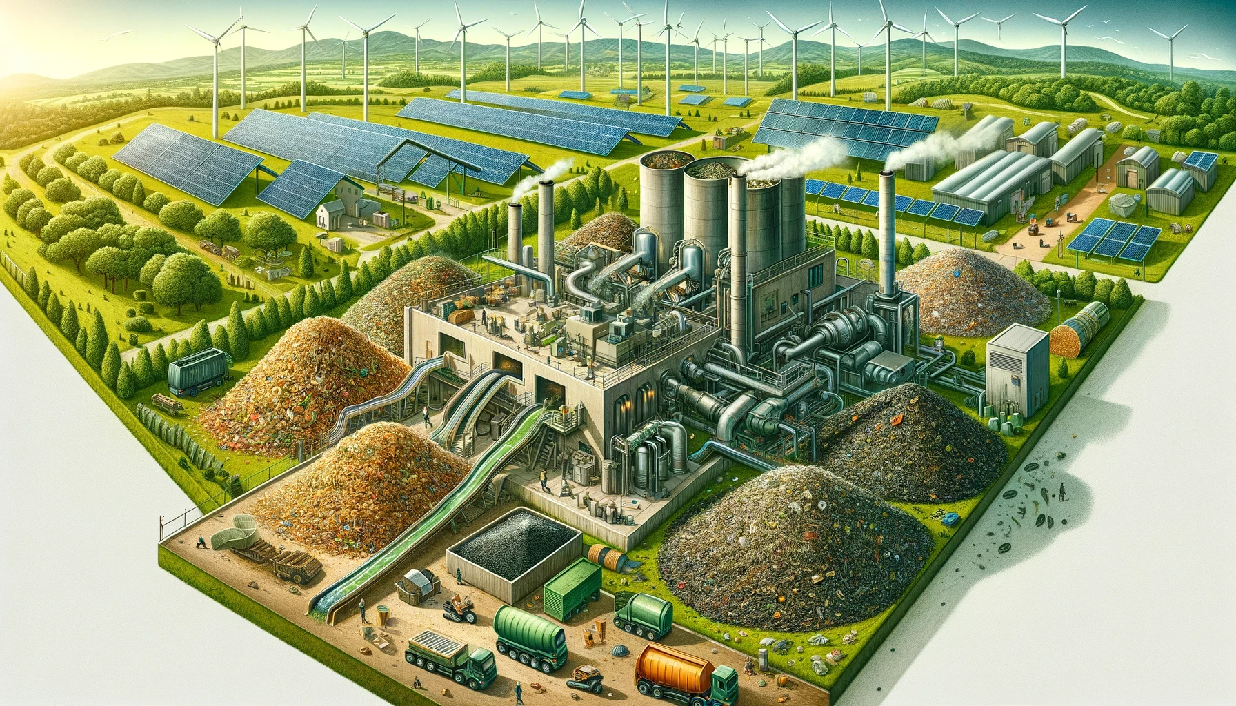 The image depicts a comprehensive and advanced waste management and energy production facility integrated into a lush, green landscape. Key elements of the image include:  Waste Management Facility:  Central Processing Plant: The central structure is a large industrial facility with multiple chimneys and a network of pipes, indicating a waste processing or recycling plant. Waste Piles: Large mounds of sorted waste materials surround the facility, with conveyor belts feeding into the plant for processing. Trucks and Vehicles: Numerous trucks and vehicles are involved in transporting waste materials to and from the facility, highlighting an active and ongoing waste management operation. Renewable Energy Sources:  Solar Panels: Extensive arrays of solar panels are installed on the grounds surrounding the waste management facility, harnessing solar energy. Wind Turbines: Several wind turbines are visible in the background, contributing to the renewable energy mix of the facility. Sustainable Agriculture:  Greenhouses: Multiple greenhouses are scattered throughout the landscape, suggesting the use of controlled environments for growing crops. Agricultural Fields: Well-organized fields of crops are visible, indicating sustainable agricultural practices are integrated with the facility’s operations. Infrastructure and Buildings:  Supporting Buildings: Various buildings, possibly offices, research facilities, and storage units, are located near the waste management plant and throughout the landscape. Pathways and Roads: Well-maintained pathways and roads connect different parts of the facility, allowing for efficient transportation and movement. Environmental Integration:  Lush Greenery: The entire scene is set in a verdant landscape with abundant trees and vegetation, emphasizing environmental sustainability and integration. Natural Barriers: Trees and shrubs act as natural barriers, possibly to reduce noise and pollution from the industrial activities. Technology and Innovation:  Pipes and Conveyors: A complex system of pipes and conveyors indicates advanced technology for waste sorting, processing, and energy production. Monitoring and Control: The presence of infrastructure for monitoring and controlling the operations suggests a high level of technological integration and efficiency. Community and Living Spaces:  Residential Areas: In the distance, there are houses and small community buildings, suggesting that the facility is designed to coexist with residential areas. Sustainable Living: The integration of renewable energy sources and green spaces indicates a focus on sustainable living practices for the community. Overall, the image presents a vision of a highly efficient and technologically advanced waste management facility that seamlessly integrates with renewable energy production and sustainable agricultural practices, all within a green and environmentally conscious landscape.