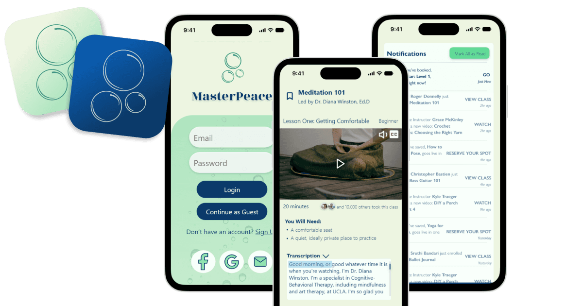 Two iPhone mockups of MasterPeace, showing the app's login screen and a sample class page in the app.
