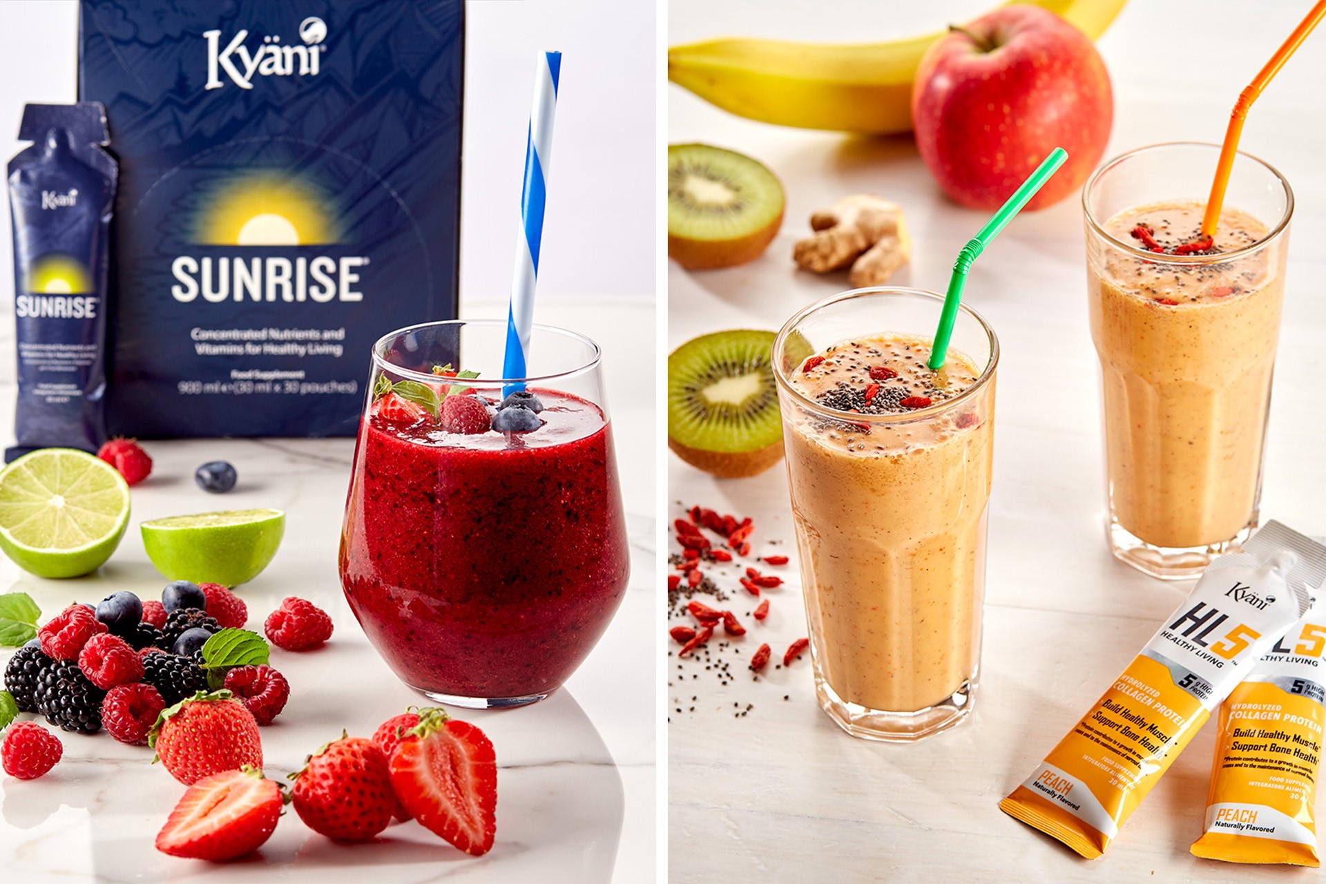 The image showcases two smoothies made with vibrant fruits like berries and bananas, accompanied by Kyäni Sunrise supplements, set against a bright, fresh background.