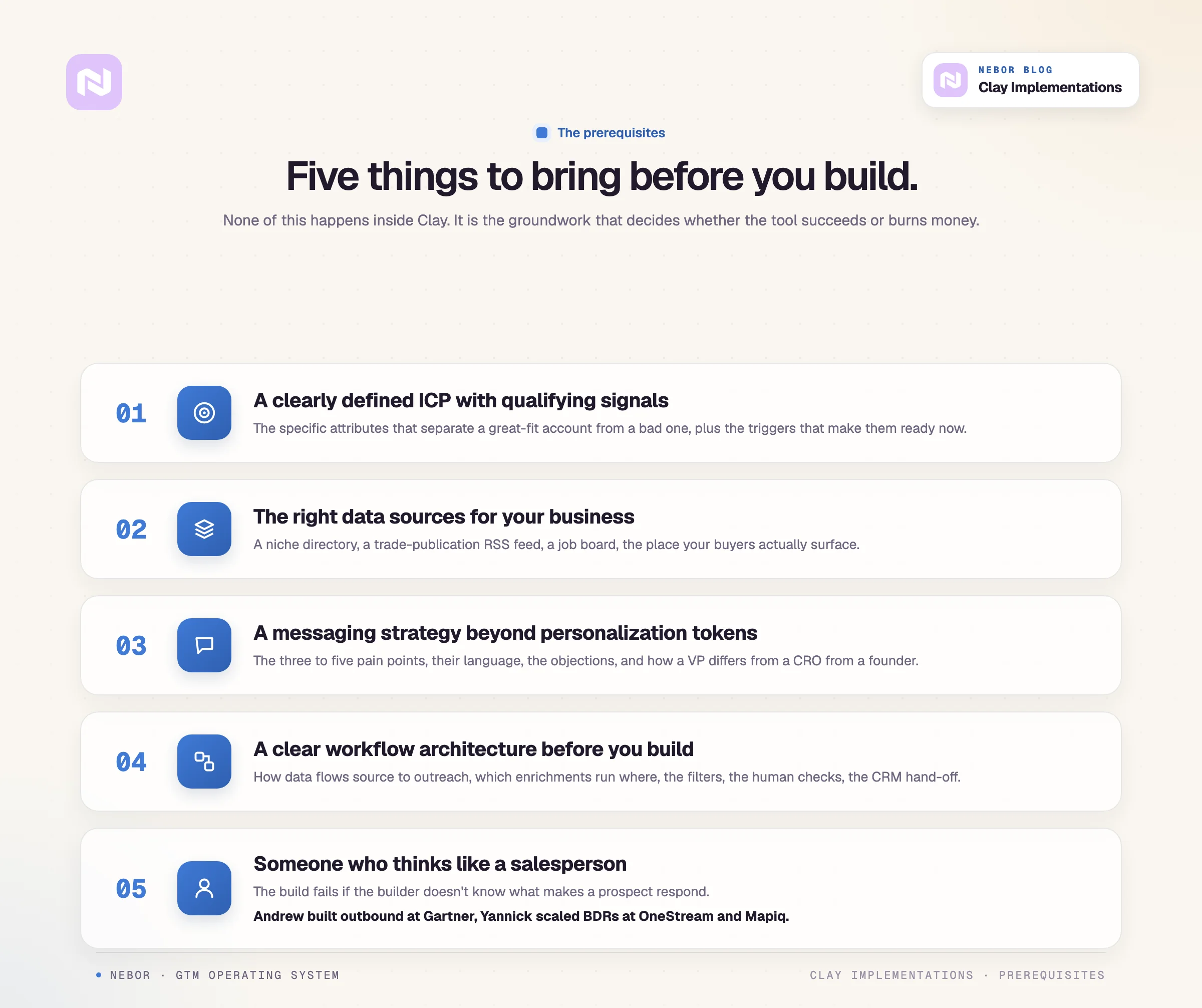 Five things to bring before opening Clay: ICP, data sources, messaging, architecture, sales thinking.